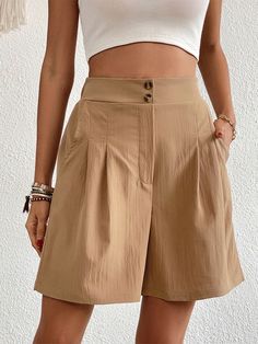 Sizing: True to size  Material composition: 100% Polyester  Clothing type: H  Material: Polyester  Pattern: Solid  Fabric elasticity: No elasticity  Season: Spring-Summer  Weaving type: Woven  Style: Leisure  Weight: 168 g  Pocket: Slant pocket The new loose pants casual women's high waist wide leg shorts are suitable for many occasions, the simple design makes the boring season colorful and interesting. A variety of collocation options make you confident and beautiful. It fits snugly without re Khaki Shorts Women, Smart Casual Women Summer, Pants To Buy, Smart Casual Women, Summer Wishlist, Shorts Outfits Women, Shorts Outfits, Weave Style, Shorts Casual