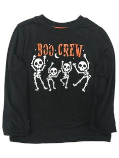 Infant Boys Long Sleeve Black Boo Crew Skeleton Baby Halloween Tee Shirt Your little one will look so cute in this long sleeved black "Boo Crew" skeleton themed Halloween t-shirt! Infant sizes 80% Polyester, 20% Cotton Made in El Salvador Payment We accept PayPal as our payment method. Immediate payment is required. If you have any questions about payment, please feel free to contact our customer support team. Return Policy We have a no hassle return policy If you are unhappy with your purchase, Black Long Sleeve Top For Halloween, Long Sleeve Black Top For Halloween, Black Skull Print Top For Halloween, Black Tops With Character Print For Fall, Black Character Print Top For Fall, Pre-shrunk Long Sleeve Shirt For Halloween, Long Sleeve Shirt With Letter Print In Spooky Style, Fun Halloween Tops With Skull Print, Spooky Black Top With Character Print