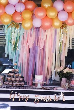 a birthday party with balloons, cake and cupcakes