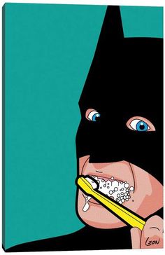 a person wearing a batman mask brushing their teeth with a toothbrush in front of them