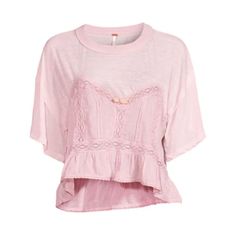 This Flirty, Oversized, Boxy Fit Tee Has A A Scoop Neck, A Hi-Lo Ruffle Hem, Lace Trim And Details & A Dainty Flower On The Faux-Sweetheart Neckline. Flutter Sleeves, Lightweight And Sheer Cotton/Polyester Blend Knit Fabric Complete This Perfectly Girly Top. This Would Be So Cute With Jeans, A Jean Skirt, Shorts, A Pencil Skirt, Crops Or Capris. Fabric:Bodice: 65% Polyester, 35% Cotton / Trim: 100% Cotton Care: Machine Wash Cold Style: Ob1506507 Approximate Measurements Taken Laid Flat: Underarm Oversized Feminine Pink Top, Pink Loose Feminine Top, Oversized Feminine Top For Day Out, Feminine Oversized Top For Day Out, Pink Ruffle Tops For Loungewear, Feminine Crew Neck Tops For Daywear, Pink Ruffled Tops For Loungewear, Oversized Ruffled Cotton Tops, Oversized Cotton Tops With Ruffles