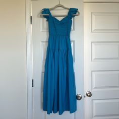 Beautiful Blue Abercrombie Dress! Never Worn And New With Tag. Ruched Sweetheart Neckline Blue Fitted Cotton Maxi Dress, Fitted Blue Cotton Maxi Dress, Chic Blue Cotton Midi Dress, Chic Blue Cotton Dress, Blue Cotton Maxi Dress For Daywear, Blue Cotton Dress For Brunch, Blue Cotton Sundress Midi Dress, Blue Cotton Sundress, Casual Blue Cotton Maxi Dress