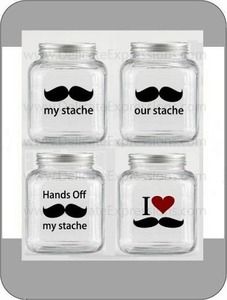 four mason jars with mustaches and i love my stache on the top one