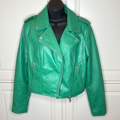 Nwt An Abbreviated Silhouette Paired With Faux Leather Updates A Classic Moto For Today's Hot Looks. Sleve Length: From Shoulder To Cuff - 25" And From Underarm To Cuff - 18" 18" Length (Size Small) Notched Lapels Zip Cuffs Lined 100% Polyester With Polyurethane Coating Machine Wash, Line Dry Green Leather Jacket For Spring Workwear, Trendy Green Leather Jacket For Work, Trendy Green Leather Winter Jacket, Trendy Green Leather Jacket For Winter, Trendy Green Leather Jacket For Fall, Trendy Green Biker Jacket With Zipper Closure, Green Leather Jacket With Zipper For Fall, Trendy Green Leather Jacket With Zipper Closure, Green Leather Biker Jacket For Spring