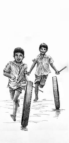 two children are running with their arms around each other while holding baseball bats and bat's