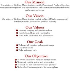 a red and white brochure with the words our mission, our vision, our value