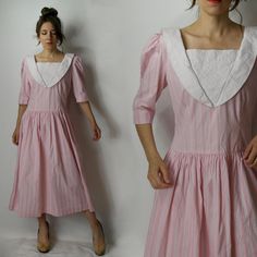 Vintage J Christopther sailor style dress  / 70 s Pink White summer dress Brand: J Christopther Size on the label:10 Measurements, flat: Overall length: 118 cm (46.45'') From armpit to armpit: 50 cm (19.68'') Waist: 40 cm x2  (15.75'' x2) Model in the photos is size 8UK/4US; 164 cm/5'5'' .  Materials: cotton Very good vintage condition (few light spots) Please mind, that according to your monitor type the color might be slightly different.  PLEASE read description. For better fitting I would sug Classic Knee-length Vintage Summer Dress, Retro Square Neck Midi Summer Dress, Retro Square Neck Midi Dress For Summer, Chic Summer Vintage Dress Lined, Chic Summer Vintage Dress With Lining, Chic Vintage Summer Dress, Vintage A-line Dress For Summer Daywear, Feminine Vintage Dress For Formal Summer Occasions, Feminine Vintage Dress For Summer Formal