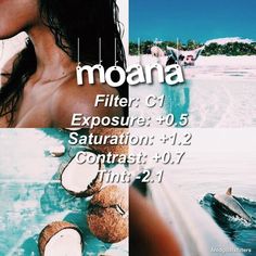 there is a woman in the water with coconuts next to her and an advertisement for moana