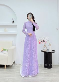 🌻Material: Lace and silk , double layers Stretchy level: 1/10 🌻 The measurement of this ao dai (long dress) is in Vietnamese size (American size tends to be bigger for the same size). Please LOOK AT THE SIZE CHART CAREFULLY BEFORE ORDERING. There might have some chalk writings on the fabric due to making process. These marks can be washed away easily. 🌻🌻No returns or exchanges Buyer can contact seller about any issues with an order. 🌸 Follow us Facebook/aodaiemily www.aodaiemily.com 💜 Than Full Length Fitted Ao Dai For Wedding, Fitted Ao Dai With Long Sleeves For Evening, Spring Evening Ao Dai With Long Sleeves, Elegant Full Length Ao Dai For Spring, Fitted Long Ao Dai For Party, Festive Wedding Ao Dai In Maxi Length, Fitted Long Sleeve Ao Dai For Evening, Fitted Ao Dai For Spring Wedding, Long Sleeve Ao Dai For Spring Wedding