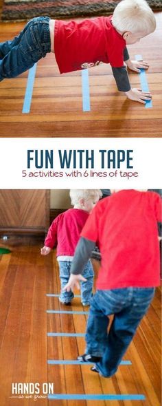 two boys playing with tape on the floor and one boy is jumping over it to get his