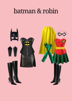 batman and robin cosplay costumes are shown on a pink background with black boots