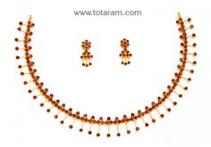 22K Gold Ruby Necklace & Drop Earrings Set - 235-GS3338 in 29.550 Grams Formal 22k Gold Red Jewelry, Formal Red 22k Gold Jewelry, 22k Gold Red Jewelry, Gold Ruby Temple Necklace For Formal Occasions, Formal Gold Temple Necklace With Ruby, Formal Gold Ruby Temple Necklace, Gold Ruby Necklace, 22k Gold Bangles, Ruby Bangles