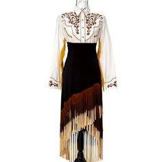 T-Party Country Style, High Waisted Black And Brown Fringe Skirt With Asymmetrical Hemline. New W/Tags. Available In Small, Medium, Large, And X-Large. Measurements: Small Medium Large Waist: 24" 30" 37" Hips: 26 40" 44" Length Of Garment: 44" Side Of Skirt To Hemline: 42.5" Material: Spandex (Stretchy) Garment Care: Hand Wash Cold, Hang Line Dry. Weight- 2lbs Box Dimensions- 13x9x2 Western Glam Outfit Party, Glam Outfits Party, Tassel Skirt Outfit, Southern Gothic Fashion, Western Glam Outfit, Fancy Western Outfits, Fringe Skirt Outfit, Glam Western, Black Fringe Skirt