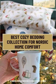 the best cozy bedding collection for nordic home comfort is on display in front of a christmas tree