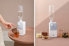 a woman is holding a glass in front of a blender and another image of a drink dispenser on a table