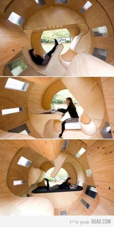 two photographs of a person sitting in a room with wooden walls and flooring on the ceiling