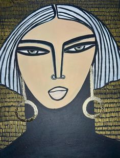 a painting of a woman's face with large hoop earrings on her head and black background