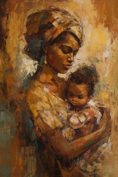 an oil painting of a woman holding a baby in her arms and wearing a turban