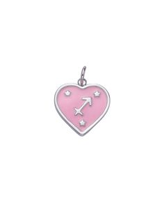 A heart shaped charm with a pink enamel zodiac design. Dimensions: 18mm Pink Heart Pendant Charms As Gift, Personalized Pink Charms For Valentine's Day, Pink Sterling Silver Charms For Valentine's Day, Personalized Pink Heart Charms, Pink Heart Sterling Silver Charms, Pink Heart-shaped Sterling Silver Charms, Pink Sterling Silver Heart Charm, Pink Heart Charms For Valentine's Day, Sterling Silver Heart Charm In Pink