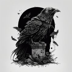 a black and white drawing of a crow sitting on top of a trash can