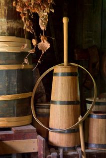 several wooden barrels stacked on top of each other