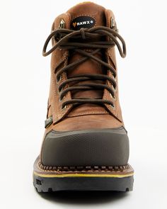 Full-grain leather upper. Composite safety toe with protective toe cap. 6" lace-up with padded tongue and collar. Rugged Lace-up Hiking Boots With Protective Metal Feet, Protective Metal Feet Work Boots For Construction, Impact Resistant Leather Lace-up Work Boots, Rugged Lace-up Work Boots With Reinforced Toe, Brown Impact Resistant Work Boots With Snip Toe, Brown Snip Toe Work Boots Impact Resistant, Rugged Lace-up Work Boots For Safety, Brown Impact-resistant Snip Toe Work Boots, Work Boots With Protective Metal Feet For Outdoor Work