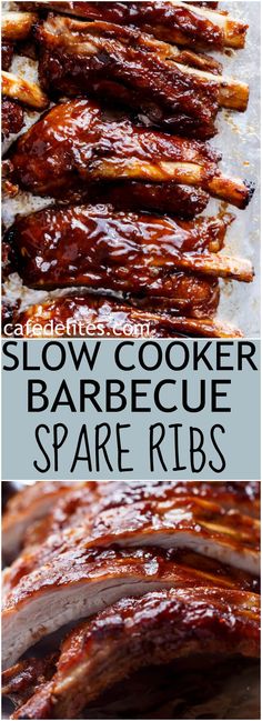 slow cooker barbecue spare ribs with bbq sauce on top and the words slow cooker barbecue spare ribs above it