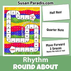 a board game with the words rhythm round about on it and three squares