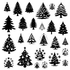 the silhouettes of christmas trees are shown in different styles and sizes, with snowflakes on them