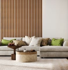 a living room filled with furniture next to a wall covered in wooden slatting