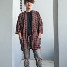 "Men's Black Plaid Japan Kimono Cardigan, Tartan Noragi Jacket, Oversized Street Haori Coat, Unisex Streetwear, Loose Style Yukata Overcoat One Size Fits US Size XS-XXL (fits up to size US-18/ UK-22/ EU-50) Pockets: 2 Front Color: Brown/Black Material: 100% Polyester Measurement: Chest 56\"/142CM; Length Front 35\"/89CM , Back 37\"/94CM; Sleeve Length 10\"/25CM Model height/weight: 5 feet 11 inches (180 cm) / 75Kg (165 pounds) ★Follow @lostinbkk.co on Instagram for more pictures For more kimono Casual Oversized Long Coat Cardigan, Oversized Casual Long Coat Cardigan, Oversized Casual Long Cardigan, Oversized Long Cardigan In Casual Style, Casual Long Cardigan With Pockets, Casual Longline Cardigan With Pockets, Oversized Cotton Outerwear For Fall, Cotton Outerwear With Pockets For Casual Wear, Fall Kimono With Relaxed Fit For Loungewear