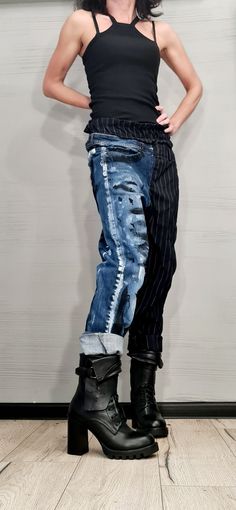 "Extravagant Denim Pants, Asymmetric Denim Harem Pants, Painted Streetwear Pants, Deconstructed Denim, Women Denim Harem ❤️ Extravagant designs and high quality fabrics! ❤️ Materials & Care Denim, Cotton, Textile Hand wash at low temperatures. Do not machine dry. Do not iron. Do not dry clean! ❤️ Sizing We can make your piece from XS to 5XL! Everything in the shop can be also made according to your measures free of charge! ❤️ Shipping ✈ Ready to ship The time I need to prepare an order for s Deconstructed Straight Leg Denim Bottoms, Asymmetrical Denim Blue Denim Bottoms, Spring Straight Leg Deconstructed Jeans, Blue Deconstructed Recycled Denim Jeans, Spring Deconstructed Straight Leg Jeans, Deconstructed Blue Recycled Denim Jeans, Straight Leg Deconstructed Denim Jeans, Deconstructed Straight Leg Denim Jeans, Deconstructed Rigid Denim Bottoms In Blue