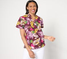 Slay an always-on-vacay vibe with this tropical palm-printed top. Feel the sun on your skin and the sand between your toes -- even if you destination is only as far as the backyard. From Denim & Co.® Fashions. Tropical Palm Tree Print Top With Relaxed Fit, Tropical Leaf Print Tops For Vacation, Tropical Printed Tops For Vacation, Printed Tops For Summer Outings And Beach Season, Summer Leaf Print Relaxed Fit Tops, Summer Tropical Print Tops For Summer Outings, Relaxed Fit Leaf Print Summer Top, Relaxed Fit Leaf Print Top For Summer, Beachy Multicolor Tropical Print Tops