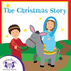 the christmas story is shown with an image of a donkey and a woman on it