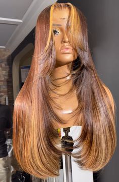 Wig Install Styles Middle Part, Brown Highlighted Wigs For Black Women, Wigs On Mannequin Head, Dyed Wigs For Black Women, Highlights Lace Front Wig, Brown Hairstyles, Exotic Hairstyles, Hairstyle Examples