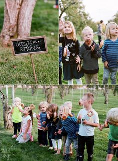 several photos of children playing outside in the grass and one has a sign that says donuts string