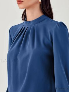 Lasaky - Professional Womens Chiffon Blouse with Pleated Collar, Court Sleeves, and Long Sleeves Elegant Solid Color Chiffon Blouse, Blue Chiffon Blouse For Work, Blue Chiffon Long Sleeve Top, Blue Long Sleeve Chiffon Top, Fitted Blue Chiffon Blouse, Elegant Blue Chiffon Top, Pleated Collar, Women Chiffon Blouse, Elegant Fabric