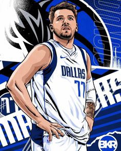 a drawing of a basketball player with his hands on his hips, standing in front of a blue and white background