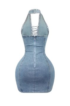 Cross halter denim mini dress featuring eyelet lace down detail Back zipper closure We recommend wearing pasties or no bra with this garment Runs true to size Fitted Denim Mini Dress For Club, Fitted Backless Denim Dress For Spring, Fitted Blue Denim Backless Dress, Fitted Blue Backless Denim Dress, Denim Mini Dress For Club, Fitted Backless Blue Denim Dress, Fitted Backless Denim Dress, Club Denim Mini Dress, Denim Mini Dress With Back Zipper