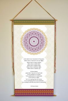 a poster hanging on the wall with a poem written in purple and yellow colors,