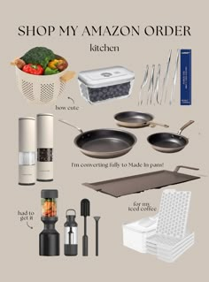 an assortment of kitchen items including pots, pans and utensils with the words shop my amazon order written below