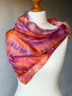 "Beautiful natural silk scarf «Sunrise\", abstract design, hand painted silk in orange and purple shades. Material: 100% natural silk  Dimensions: 90 x 90 cm (app. 35\"x 35\") The edges are hand hemmed. The product will arrive packed in signed gift wrapping and ready to give as gift or keep to yourself. Care: Gently hand wash in no warmer than 90 F water (30-40 C), using a wool /silk detergent. Shipping from: Europe, Estonia. Will be shipped within 1-2 days after payment. I hope you will enjoy browsing! Thank you for visiting! Also check out my other Items www.ShellenD.etsy.com" Hand Dyed Purple Silk Scarves, Artistic Purple Silk Scarves, Artistic Purple Silk Scarf, Bohemian Hand-dyed Silk Scarf, Purple Silk Bohemian Scarves, Artistic Hand Dyed Silk Scarf For Summer, Artistic Hand-dyed Silk Scarf For Summer, Artistic Hand Dyed Silk Scarves, Purple Bohemian Silk Scarf