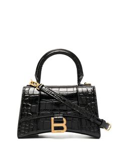 black leather crocodile effect gold-tone logo plaque single rounded top handle adjustable detachable shoulder strap foldover top with magnetic fastening main compartment internal logo stamp internal zip pocket Sacs Tote Bags, Luxury Purses, Balenciaga Bag, Black Leather Handbags, Black Shoulder Bag, Logo Stamp, Black Tote Bag, Black Handbags, Womens Tote Bags