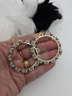 Delica Earrings, Hoop Earrings Handmade, Beading Thread, Beaded Hoops, Gray Light, Brick Stitch, Jewelry Earrings Hoops, Gold Hoop, Handmade Earrings