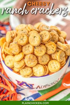 cheesy ranch crackers in a white bowl