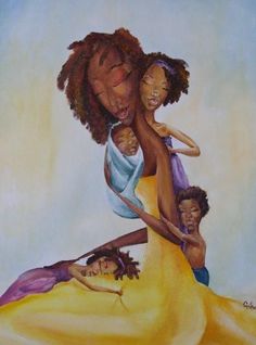 an oil painting of three black women and one is holding a baby in her arms