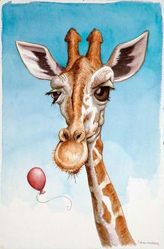 a painting of a giraffe with a balloon in its mouth