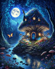 a painting of a mushroom house in the middle of a forest with butterflies flying around