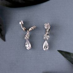 Clip-On CZ Elongated Pear Drop Earrings Bridal Wedding Earrings, Hair Accessories Wedding, Tear Drop Earrings, Cz Jewelry, Classy Style, Accessories Wedding, Crystal Wedding, Silver Drop Earrings, Rose Gold Earrings