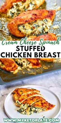 chicken breast on a plate with spinach and cheese spread over the top in a pan